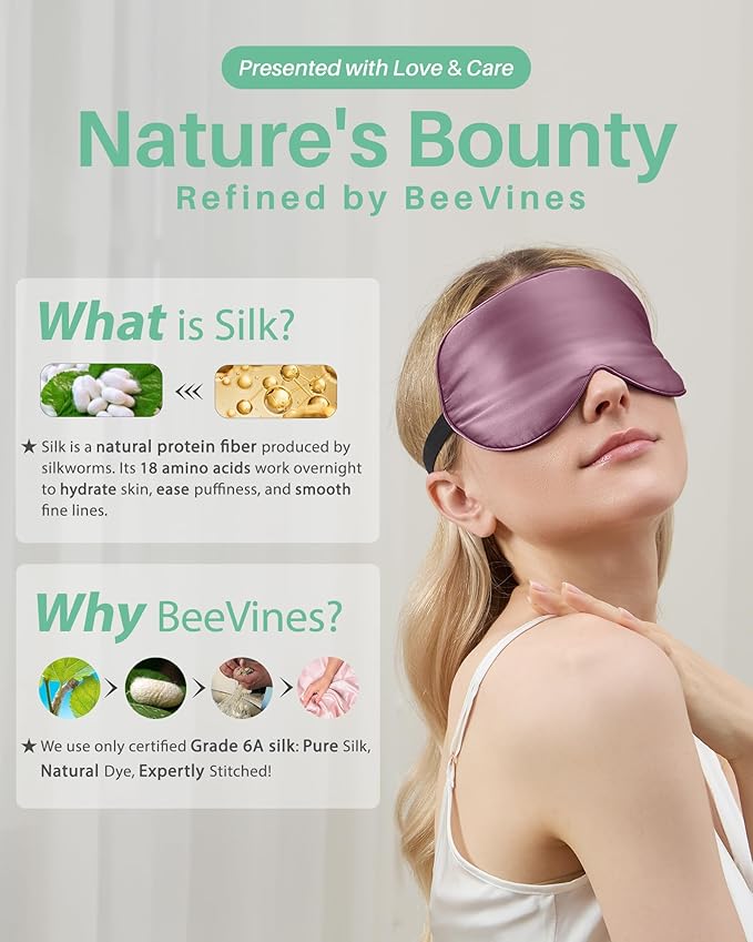 BeeVines 100% Real Mulberry Silk 2 Pack Sleep Mask, Pure Silk Eye Masks with Adjustable Strap for Sleeping, Block Light Eye Shade Cover, Reduces Puffy Eyes Traveling Gifts(Black & Ruby Purple)