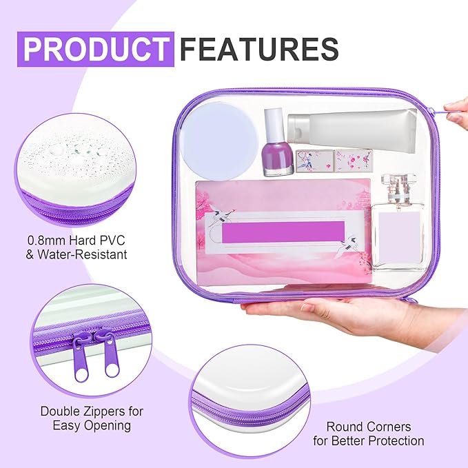 Sanwuta 6 Pcs Clear Hard Zipper Case Plastic Zipper Pouches Transparent Makeup Bag Pencil Case Pouches Toiletry Diaper Bag for Travel Toy Storage Organizer Bins(Purple,9.84 x 7.87 x 2 Inch)