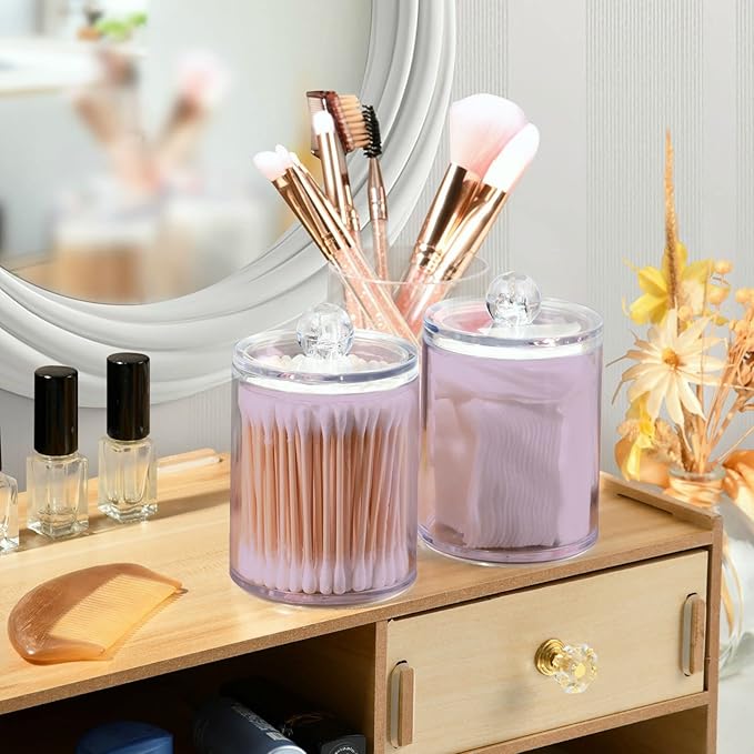 Thistle Purple Qtip Holder Organizer Dispenser Cotton Swabs Cans Plastic Jars with Lid Set 4 Pack Bathroom Storage Canister for Cotton Ball Floss Cotton Pads