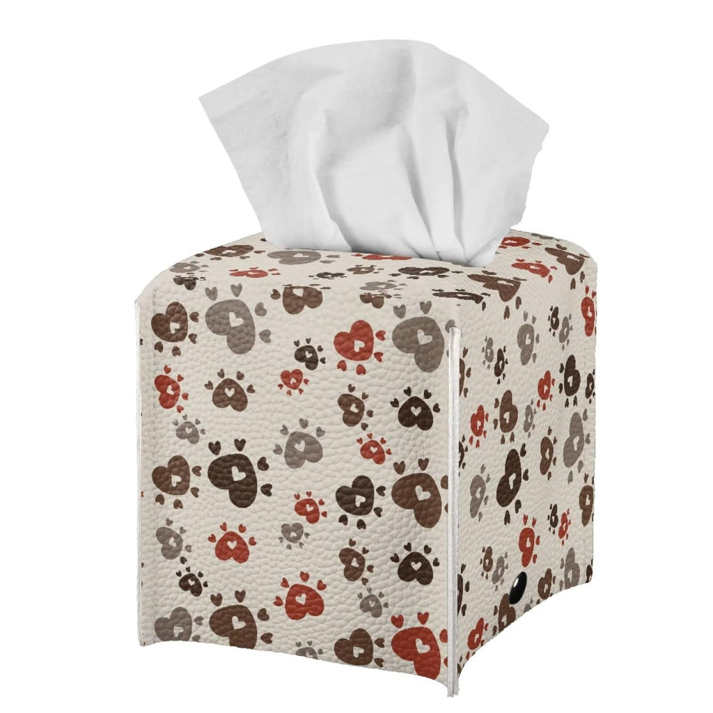 Pzuqiu Brown Dog Paws Tissue Box Cover Holder Stylish PU Leather Square Tissue Box Cover with Metal Button Waterproof Napkin Holder for Home Office Car Bathroom Decor