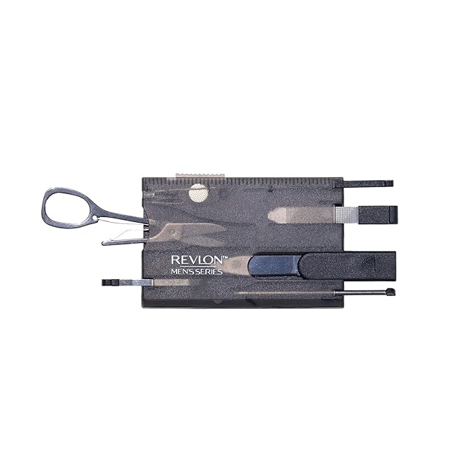 Revlon Men's Series 8 in 1 Multi Tool, 8 Pc Travel Grooming Kit includes Stainless Steel Scissors, Tweezers, Nail File, Reusable Toothpick, LED Light, Ruler, Knife, and Pen