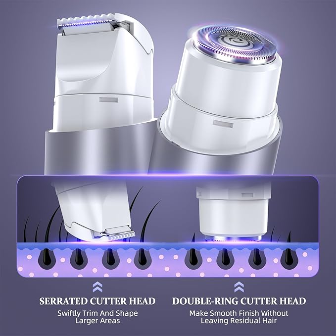 Bikini Trimmer for Women, Dual Head Face Shaver Body Hair Trimmmer, IPX7 Waterproof Womens Electric Razor for Legs, Light Purple