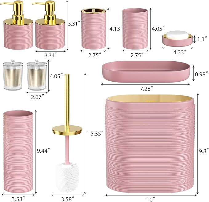 InnJoey Bathroom Set, 10PC Bathroom Accessory Set, Pink Bathroom Accessories, Pink and Gold Bathroom Set with Trash Can, Soap Dispensers
