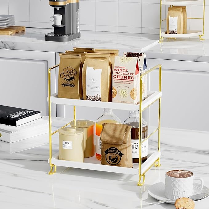 FSyueyun 2-Tier Bathroom Counter Organizer, Tool-Less Vanity Organizer for Skincare, Premium Plastic Bathroom Organizer Tray for Perfume & Cosmetics, （White & Gold）