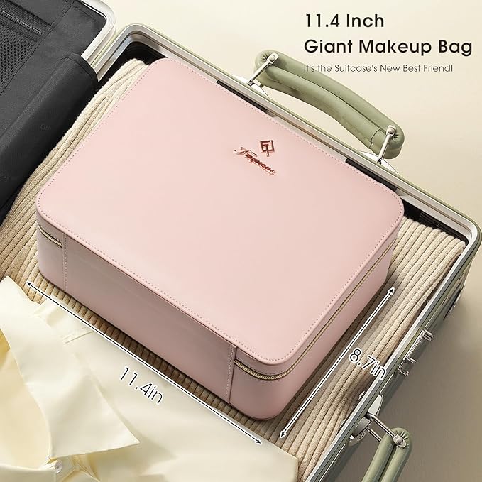 Faquenc Leather Makeup Case with LED Lighted Mirror 11.4 Inch Travel Makeup Bag Adjustable Brightness in 3 Colors Cosmetic Organizer Artist Storage Bag with Dividers Brush Holder Storage Vanity Pink