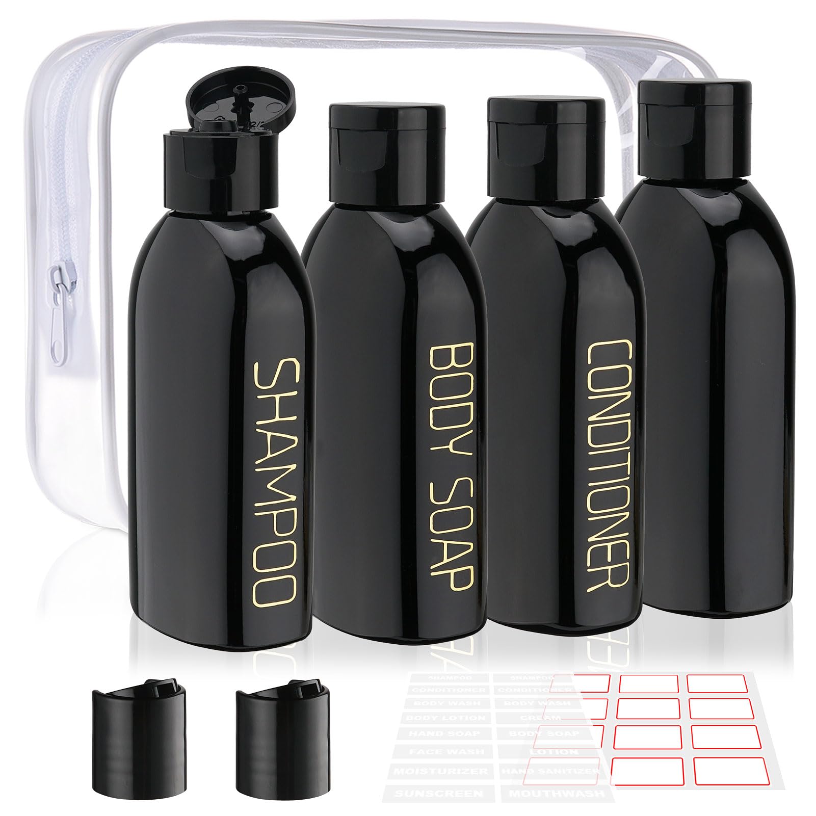 Cosywell Travel Bottles for Toiletries 4pcs 3.4oz Travel Shampoo and Conditioner Bottles TSA Approved Travel Size Containers Leak Proof Small Plastic Squeeze Bottles with Flip Cap(Black)
