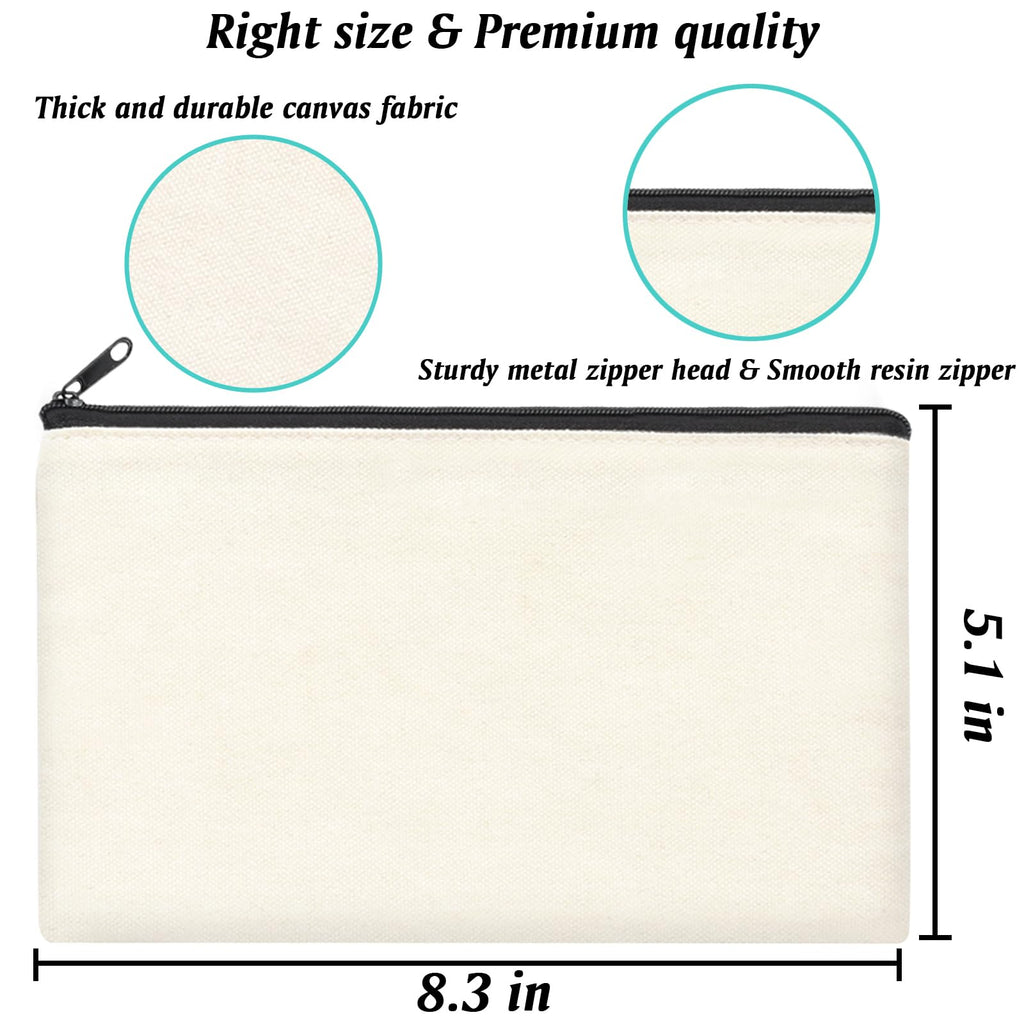 ZeeDix 24 Packs Beige Canvas Pouch- Multi-purpose Cosmetic Bag with Zipper, Blank DIY Craft Canvas Zipper Bags, Travel Toiletry Bag (8.3 x 5 inches)