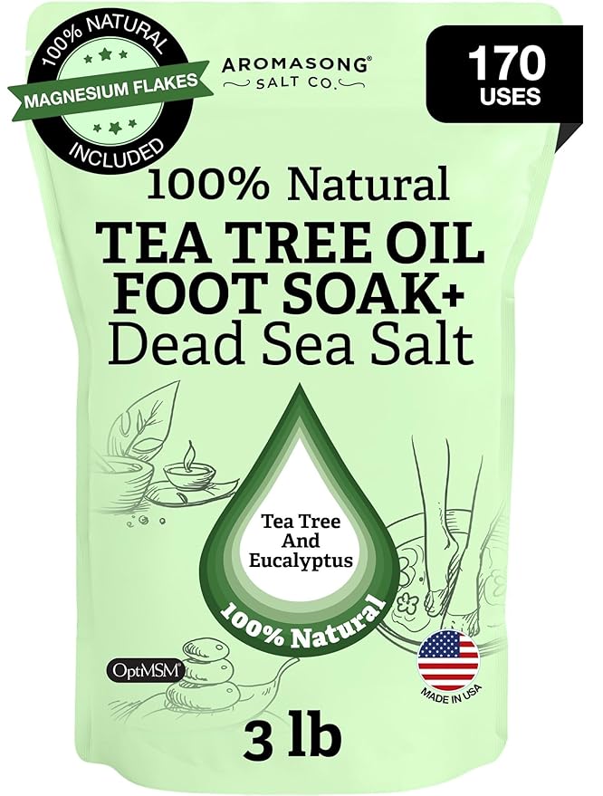 Aromasong Tea Tree Foot Soak with Magnesium Flakes and Dead Sea Foot Soaking Salts - Pedicure Tea Tree oil foot Soak for Dry Cracked Feet-Athlete's Callus Remover- Eliminates Odor- Packaging may vary