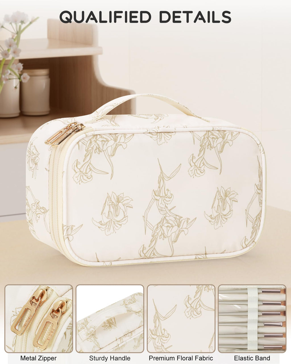 Relavel Travel Makeup Bag, Small Floral Cosmetic Bag with Makeup Brush Compartment, Portable Makeup Pouch for Women, Double Layer Cute Toiletry Organizer Bag, Lily Floral