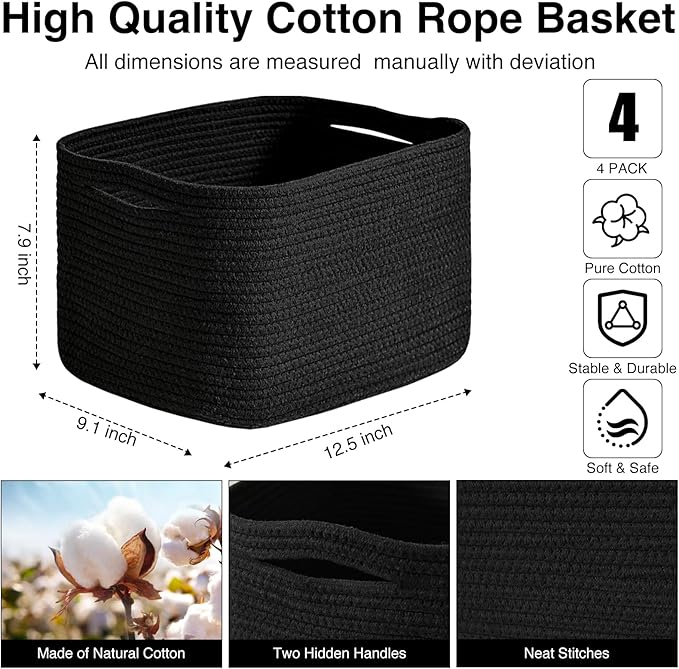 ICERZCZ Black Storage Baskets for Shelves, Small Storage Baskets for Organizing, Woven Cotton Rope Baskets for Storage, Book Basket, Decorative Shelf Basket, 12.5"Lx9.1''Wx7.9''H (4 Packs) Black