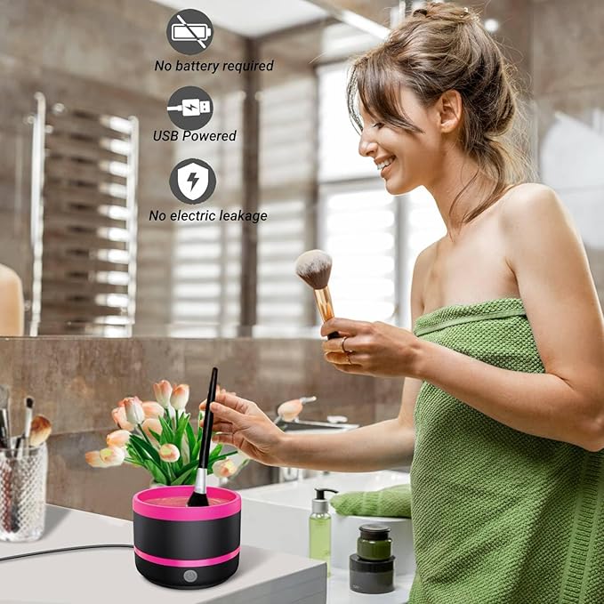 SOGUE Electric Paint Brush Cleaner,Rinser Cup,Brush Rinser for Painting,Makeup Brush Cleaner Machine,Paint Brushes Cleaner Tool,USB Portable Automatic Spin Deep Cleaning for Acrylic Black&Rosy