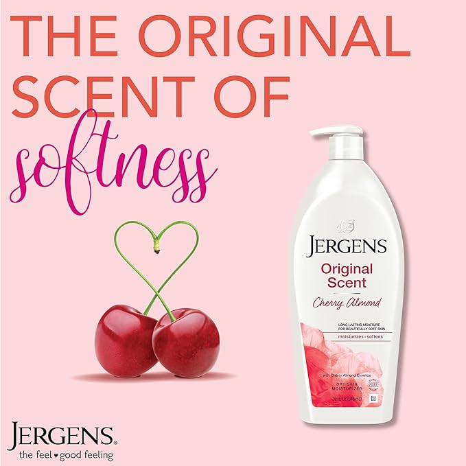 Jergens Original Scent Dry Skin Lotion, Body and Hand Moisturizer for Long Lasting Skin Hydration, with HYDRALUCENCE blend and Cherry Almond Essence, 32 Ounce (Pack of 2)