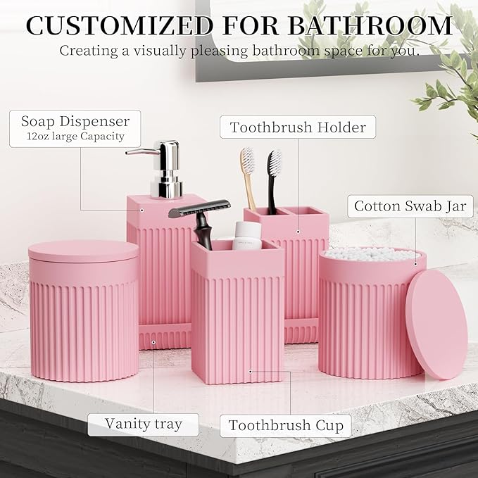 InnJoey 6-Piece Pink Bathroom Set - Sleek Resin Bathroom Accessories Set with Soap Dispenser, Toothbrush Holder, Vanity Tray, Tumbler & Apothecary Jars for Small Spaces