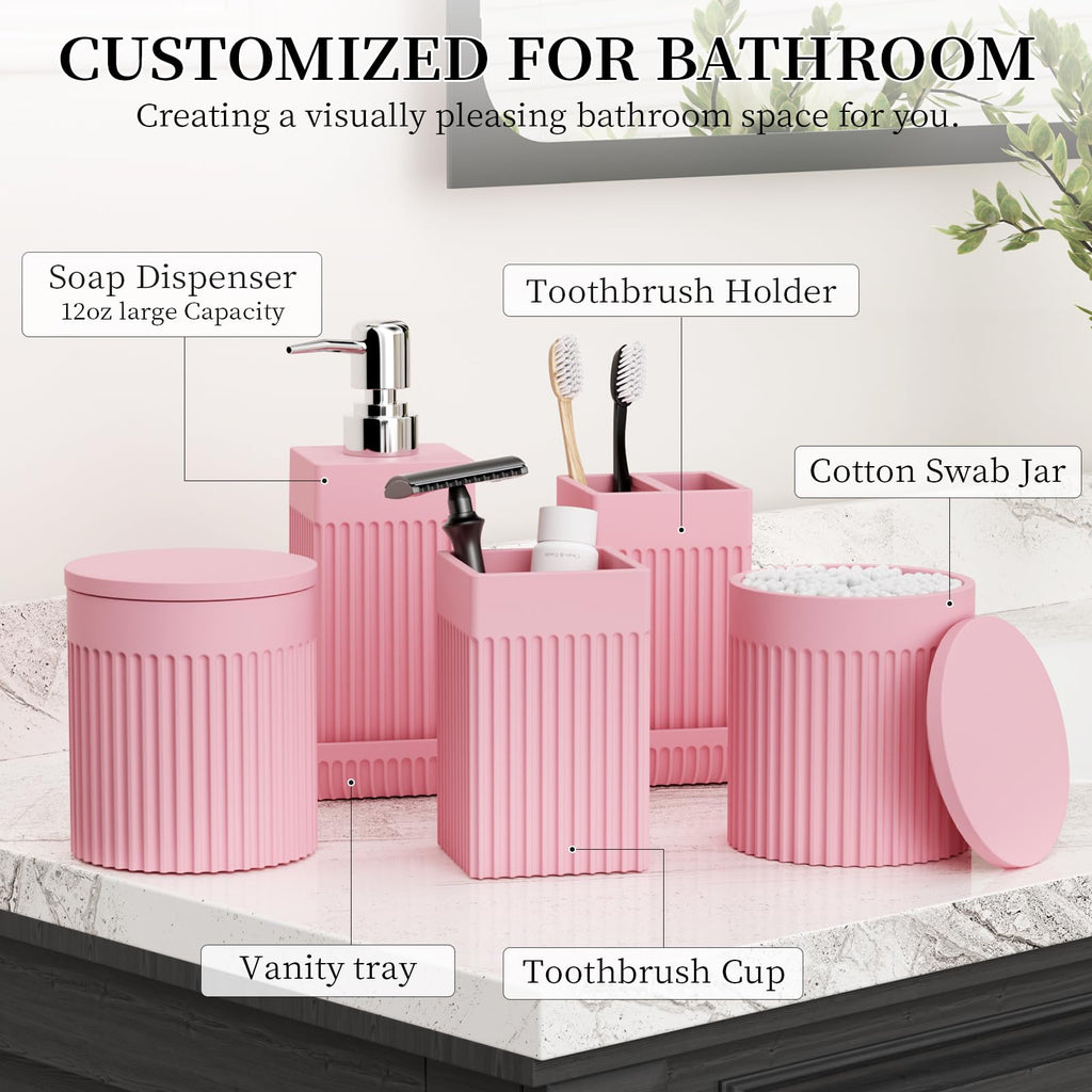InnJoey 6-Piece Pink Bathroom Set - Sleek Resin Bathroom Accessories Set with Soap Dispenser, Toothbrush Holder, Vanity Tray, Tumbler & Apothecary Jars for Small Spaces