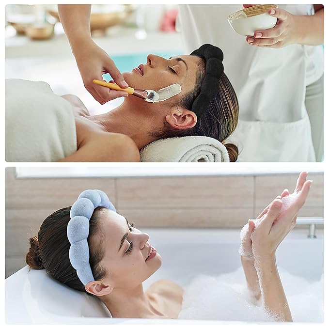 Ztomine Face Wash Headband, Set of 2 - Terry Cloth Spa Headbands for Washing Face or Facial, Puffy Makeup Headbands for Skincare, Mask, Hair Salon, Professional Use (Black & Blue)