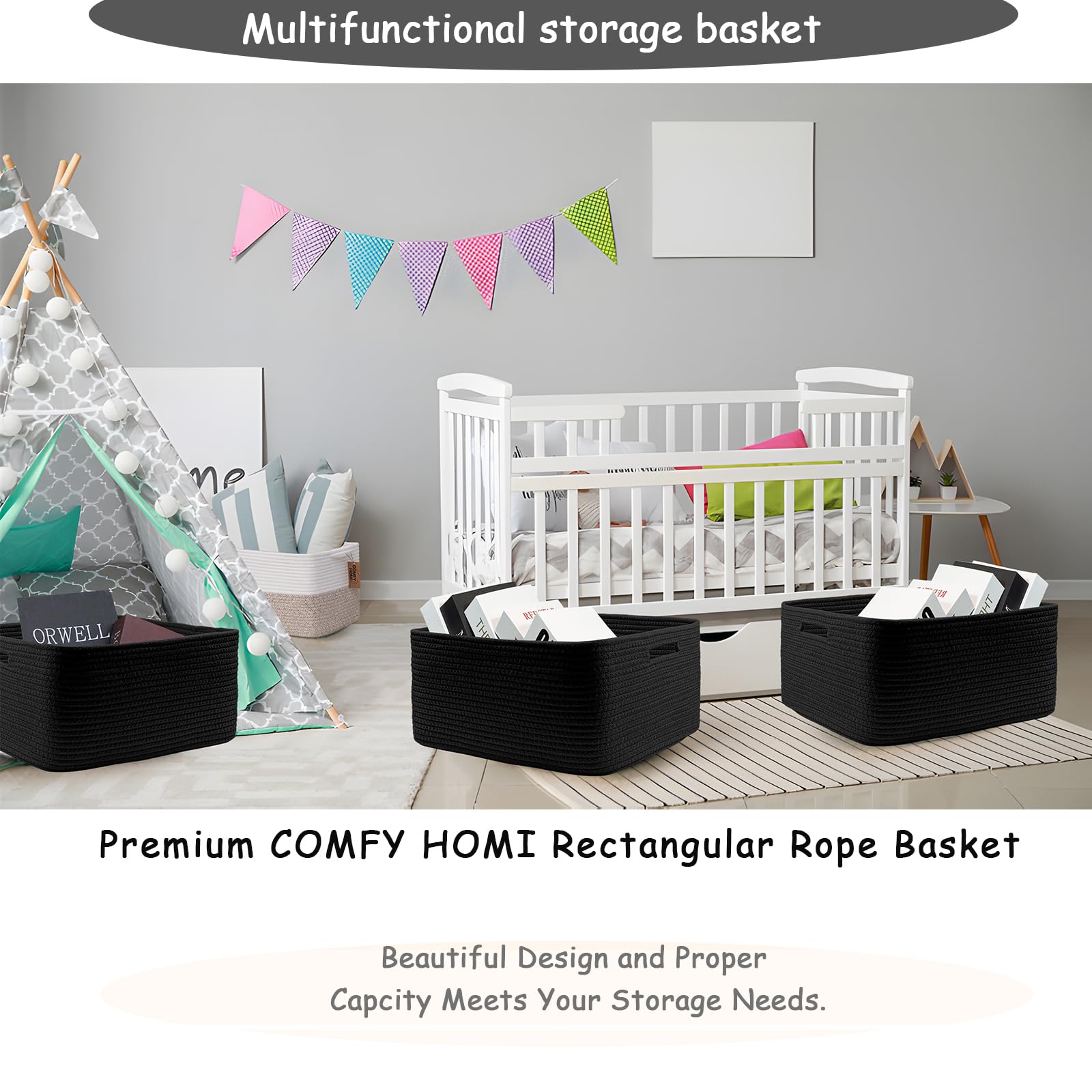 COMFY-HOMI Cotton Rope Woven Basket with Handles for Shelves,Toys,Book, Cloth Storage Baskets Bin for Organizing- 1 PCSToy Decorative Organizer for Living Room, Bathroom 17" x 13" x 7.5"