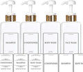 EZPRO USA Empty Plastic Square Bottles Pump Shampoo Conditioner Body Wash Face, in Shower Bathroom Dispenser, Waterproof Permanent Labels, 27oz 800ml Set of 4 (White Plastic, Gold White Pump)