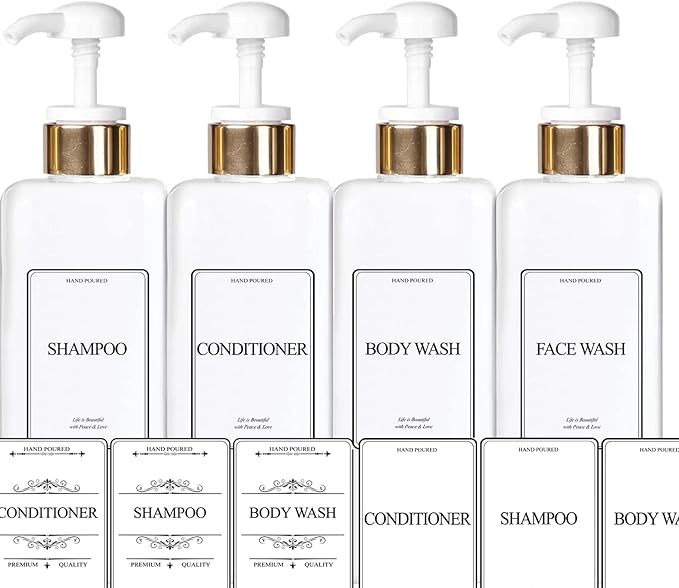EZPRO USA Empty Plastic Square Bottles Pump Shampoo Conditioner Body Wash Face, in Shower Bathroom Dispenser, Waterproof Permanent Labels, 27oz 800ml Set of 4 (White Plastic, Gold White Pump)