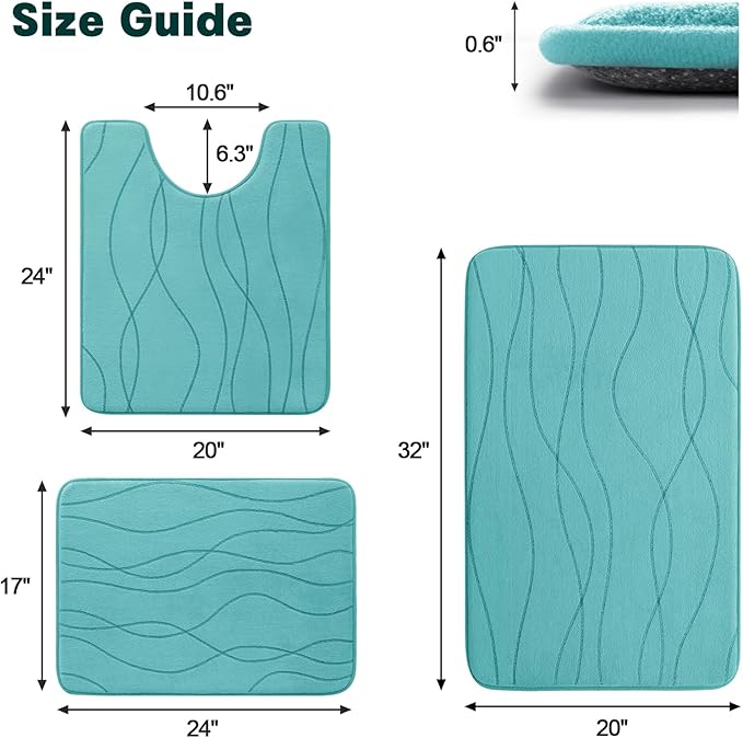 YIHOUSE Bathroom Rugs Set 3 Piece, Memory Foam Bath Mat Teal