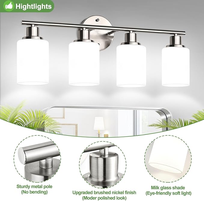 Zarbitta 4-Light Bathroom Light Fixtures, Brushed Nickel Modern Vanity Lights with Milky White Frosted Glass Shades, Bathroom Wall Lamp for Mirror Kitchen Living Room