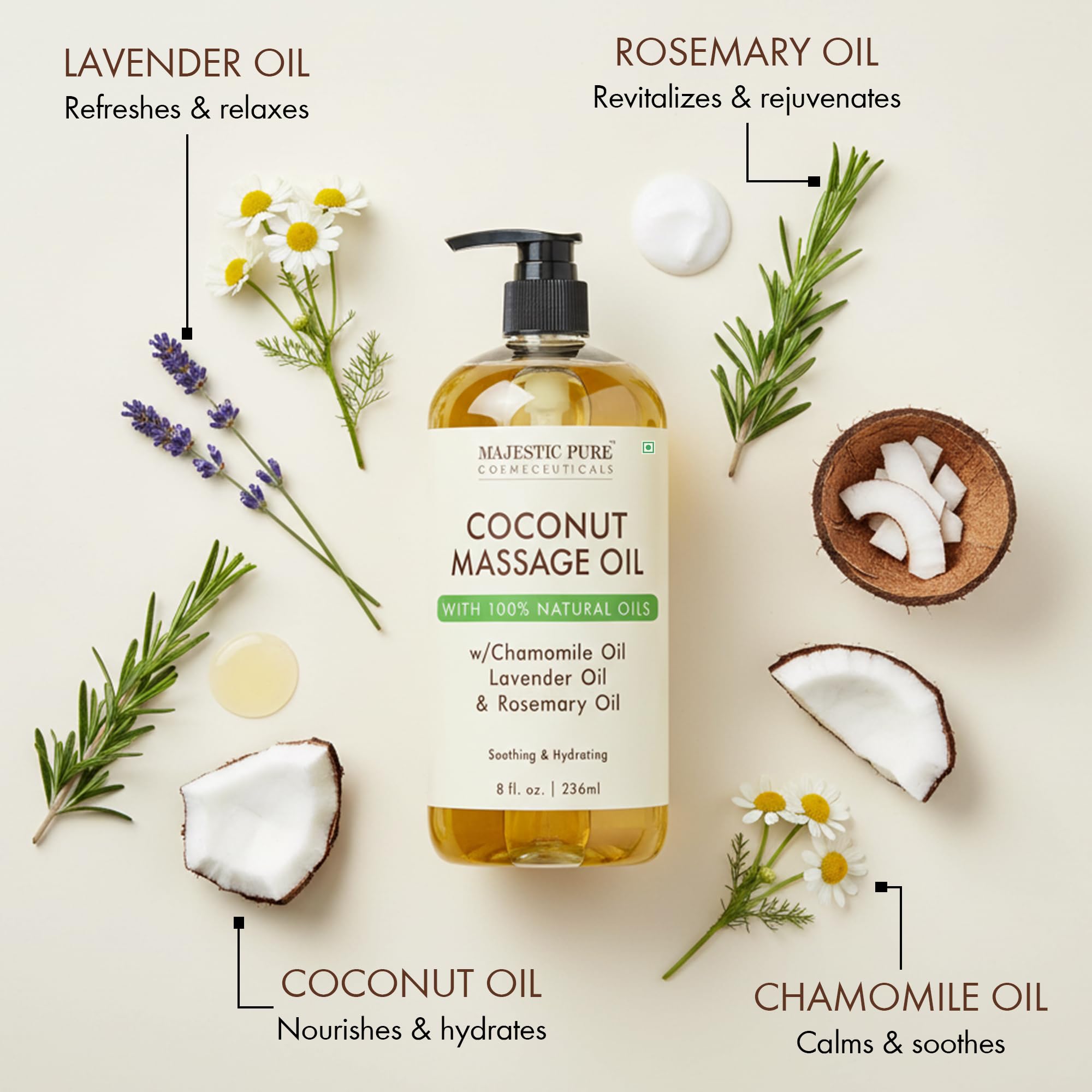 Majestic Pure Coconut Massage Oil, Moisturizing Body Oil, 8 Fl Oz