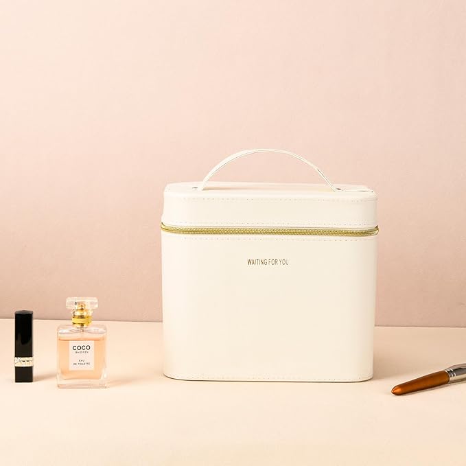 Sluxa Luxury Hard white makeup box, Portable leather hard cosmetic case with mirror, Sturdy train case make up box for women adults. (Monolayer - white