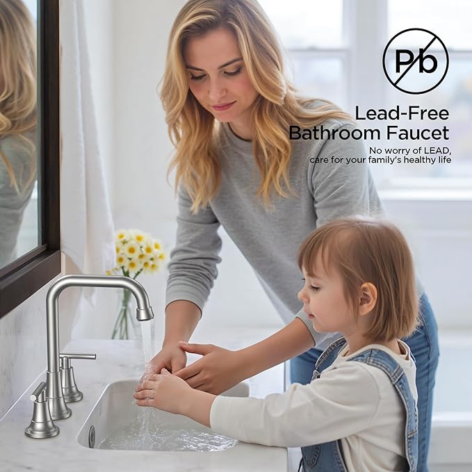 FORIOUS Brushed Nickel Bathroom Faucet 3 Hole with Dual Handles, 8 Inch Widespread Faucet for Bathroom Sink with Pop Up Drain Assembly and Water Suplly Hoses, RV Vantiy Farmhouse Ready