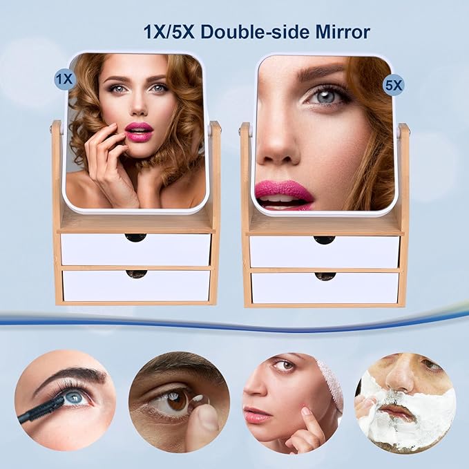PYSYY 1x / 5X Magnifying Makeup Mirror, Jewelry and Cosmetics Storage Box with Double Drawers, Adjustable Natural Bamboo Stand, 360° rotatable Vertical Desktop Mirror (1, Rectangle)