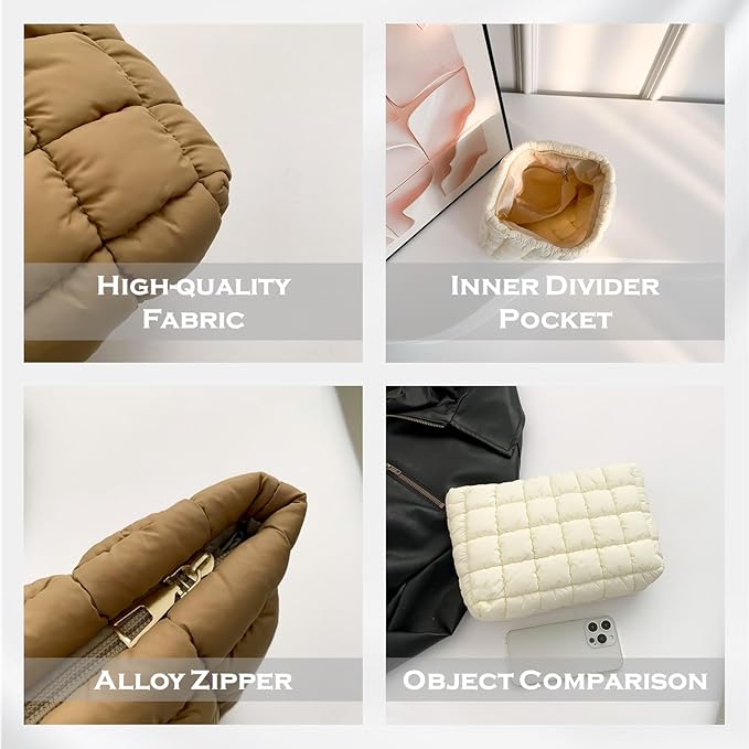 HFLZBRO Puffy Quilted Makeup Bag for Women, Cosmetic Bag, Travel Toiletry Organizer Pouch Clutch (Brown Leopard)