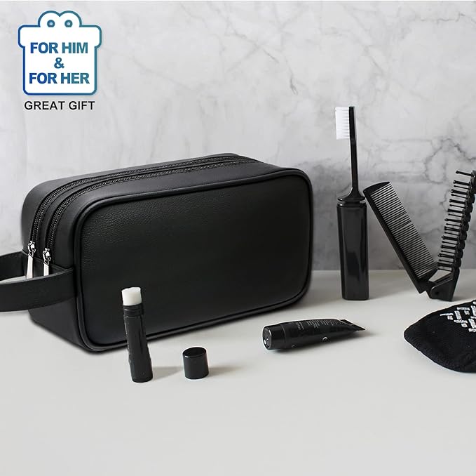 HappyDavid Soft PU Leather Zipped Travel Toiletry Bag Mens Ladies Supply Toiletry Bag Case(Black)