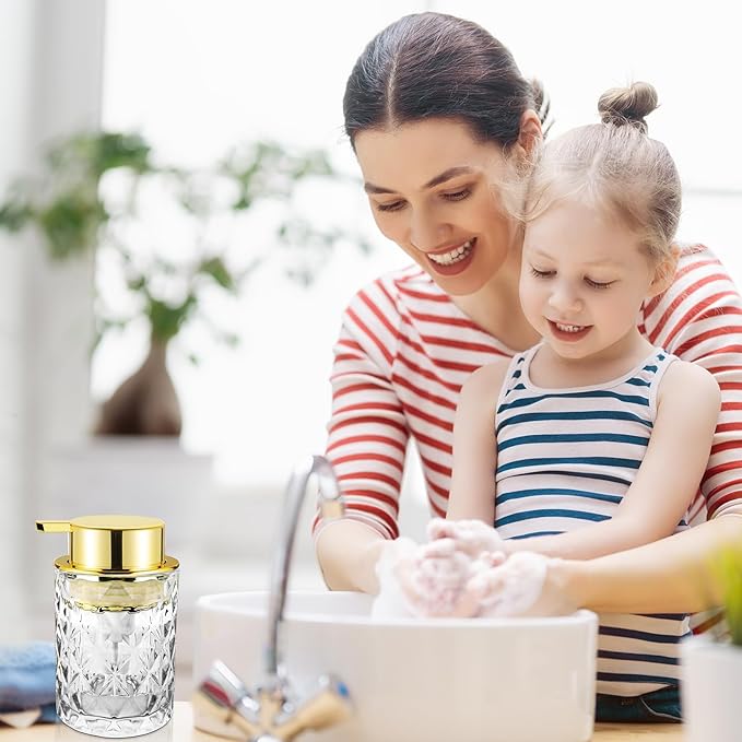 Glass Foaming Soap Dispenser Refillable Foaming Hand Soap Dispenser with Gold Large Pump Wide Opening for Bathroom Kitchen Countertop Modern Home Decor with Elegant Pattern - Clear