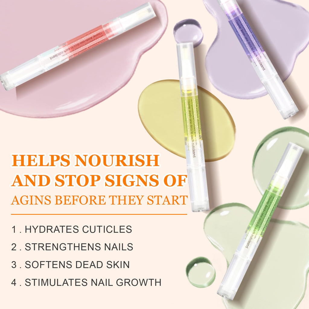 Meschett Cuticle Oil Pens with Nail File for Nail Care, 4PCS Nail Oil Pens with Natural Ingredients, Moisturizing Cuticle Oil for Fingernails and Toenails (Mix Flavors)