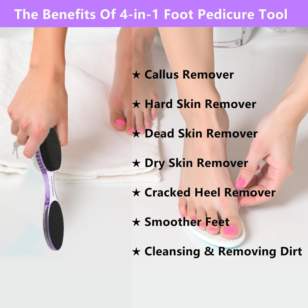 YIOYOODA Foot File Callus Remover 4-in-1, Feet Scraper Pedicure Tools with Pumice Stone, Scrubber Brush, Foot Rasp and Sand Paper, Double Sided Multi Purpose, Clear Blue and Purple