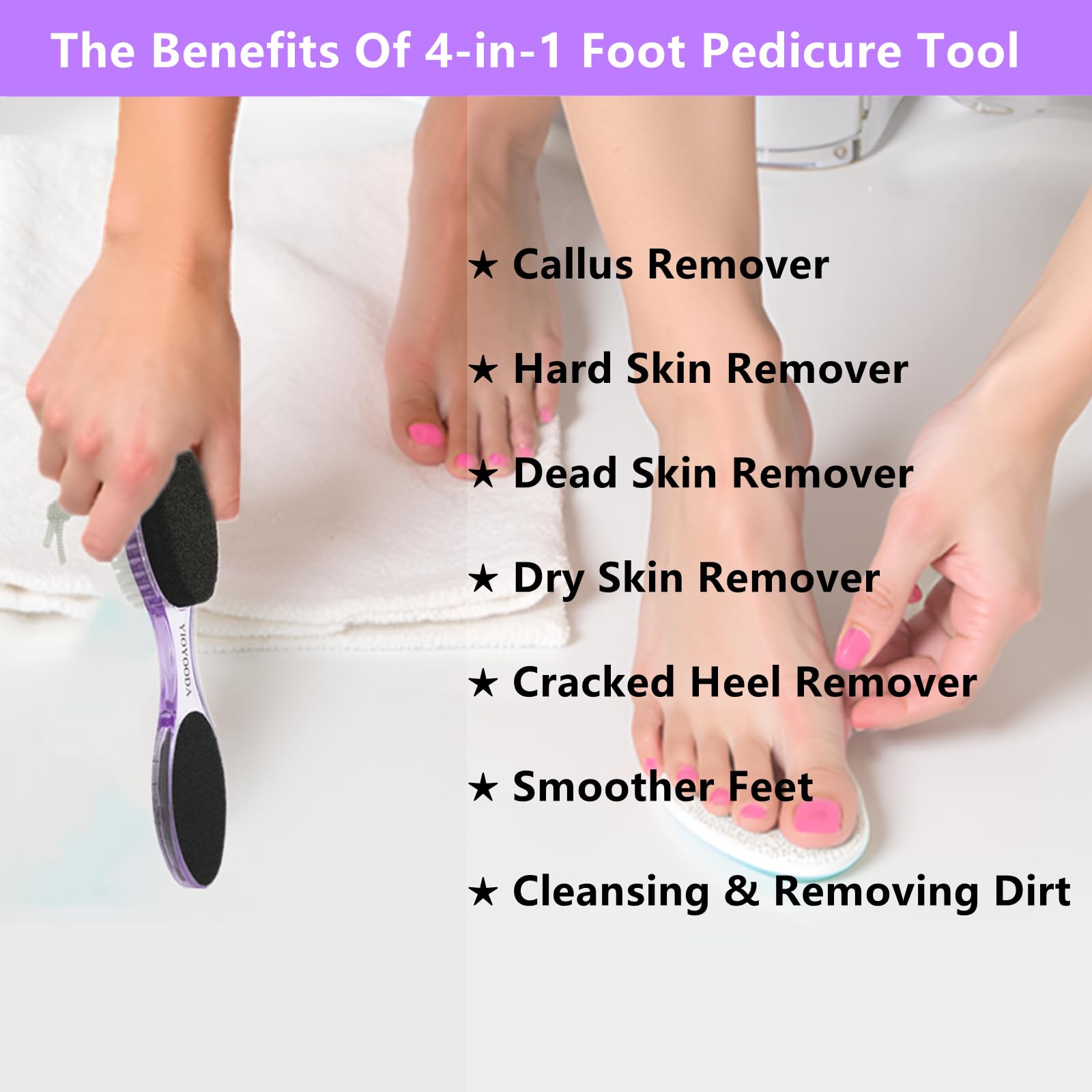 YIOYOODA Foot File Callus Remover 4-in-1, Feet Scraper Pedicure Tools with Pumice Stone, Scrubber Brush, Foot Rasp and Sand Paper, Double Sided Multi Purpose, Clear Blue and Purple
