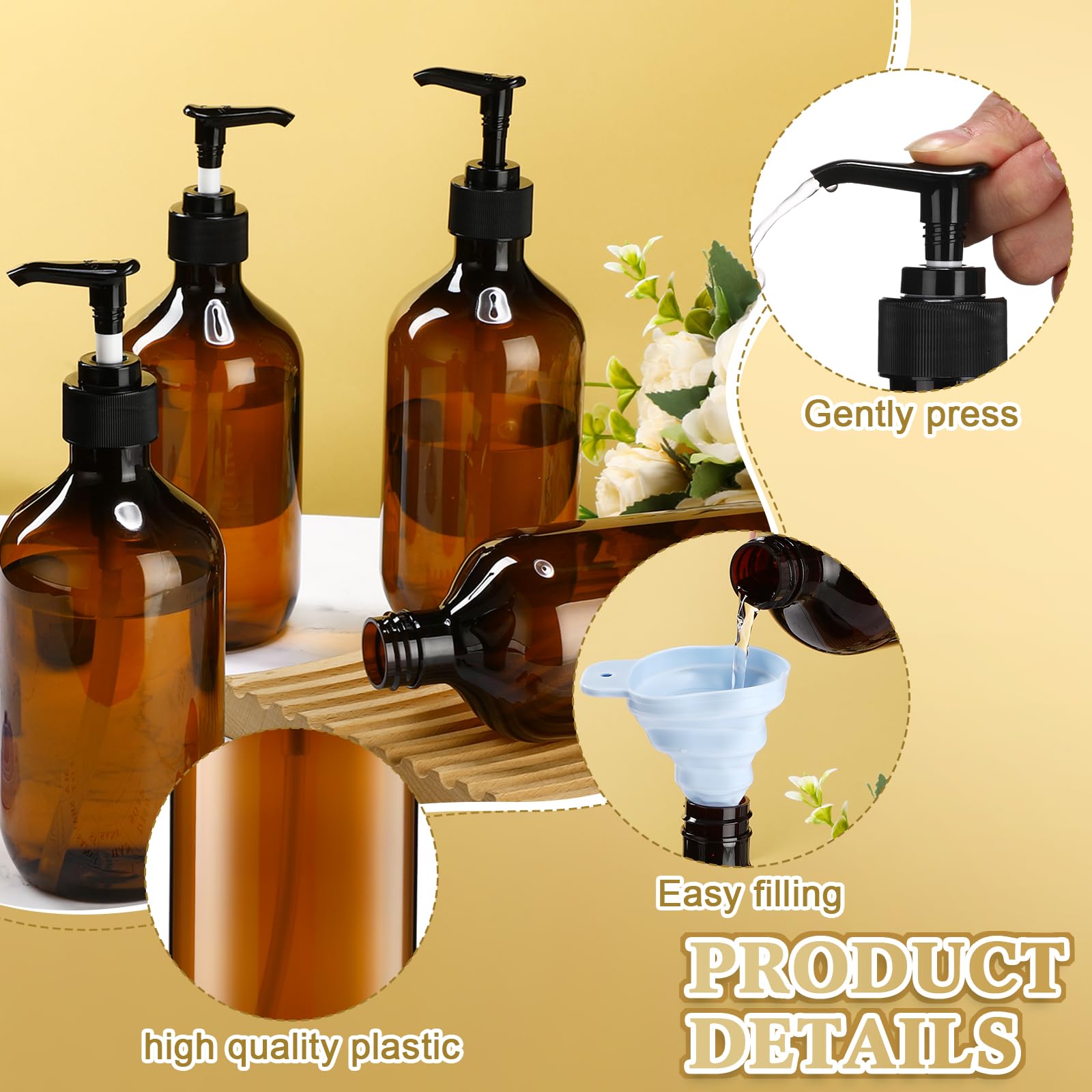 Sliner 6 Pcs Shampoo and Conditioner Dispenser Bottles 16.9 oz Plastic Shower Bottles with Pump and 1 Silicone Funnel Reusable Hand Soap Containers for Bathroom Shower(Amber)