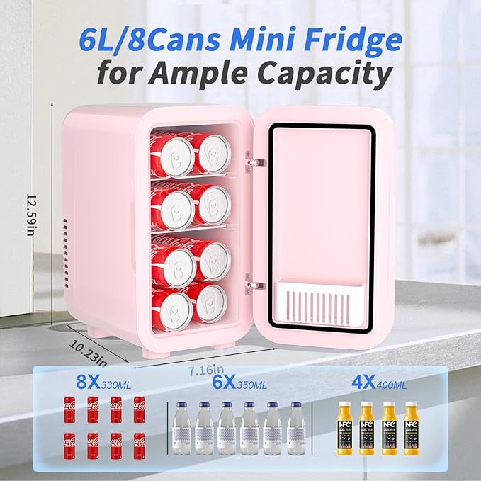 YASHE Mini Fridge, 6 Liter/8 Can 110V AC/DC Portable Thermoelectric Cooler Refrigerators for Bedroom, Skincare, Beverage, Office, Dorm Room and Car, Pink