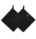 Encasa XO Heat Resistant Cotton Pot Holders with Hanging Loop - Set of 2 - Full Black - Multipurpose Quilted Everyday Hot Pad for Kitchen, Camping, BBQ & Microwave - 8x8 in