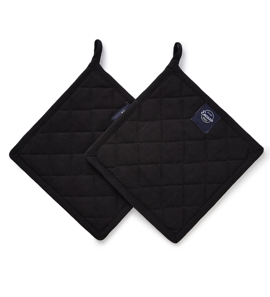 Encasa XO Heat Resistant Cotton Pot Holders with Hanging Loop - Set of 2 - Full Black - Multipurpose Quilted Everyday Hot Pad for Kitchen, Camping, BBQ & Microwave - 8x8 in