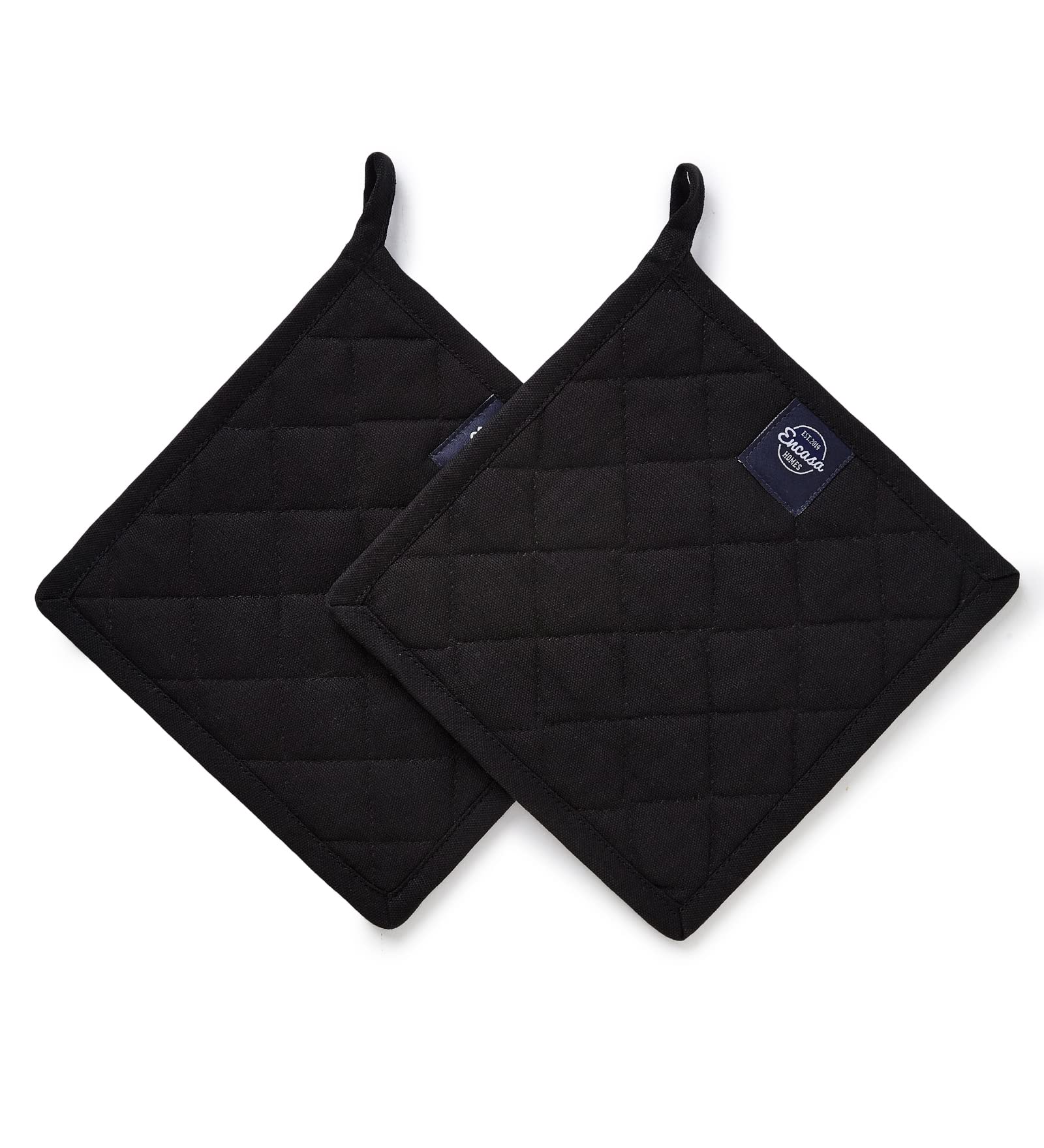 Encasa XO Heat Resistant Cotton Pot Holders with Hanging Loop - Set of 2 - Full Black - Multipurpose Quilted Everyday Hot Pad for Kitchen, Camping, BBQ & Microwave - 8x8 in