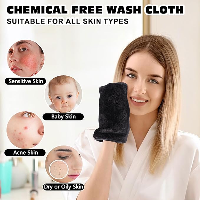 PHOGARY 6 Pack Microfiber Face Washcloths Facial Wash Mitts, 7.8"x5.1" Soft Flannel Towel for Washing Face, Reusable Makeup Remover Absorbent Easy-Dry Puffy Washcloths with Hanging Loop, Black
