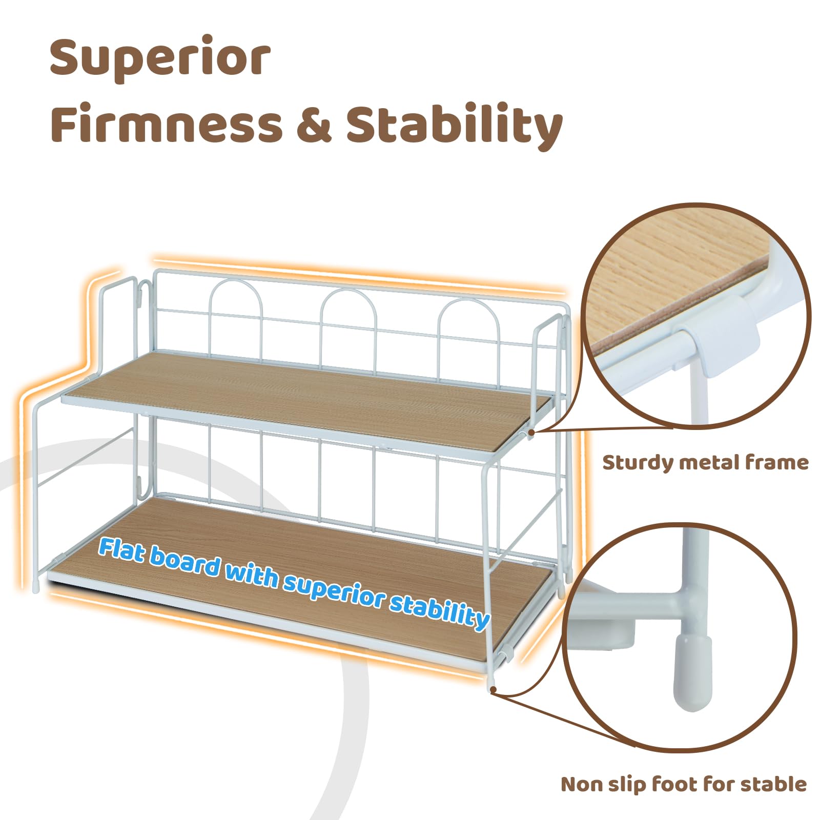 Edergoo Bathroom Counter Organizer 10s Tool-Free Install, 2 Tier Bathroom Organizers and Storage, Collapsible Bathroom Organizer Countertop, Wood Bathroom Kitchen Countertop Organizer, White