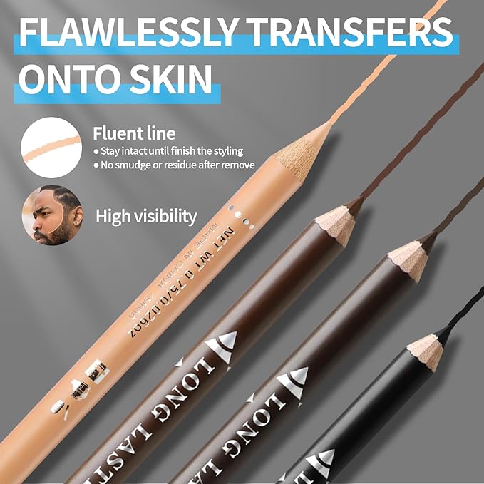Noerrors Barber Pencil for Lineup Magic Hairline Pencils Barber Chalk Set Beard Guide Pen with Sharpener Ruler Brush for Hair Design Shaping Makeup Tool for Men #White Beige Skin Tone Black Brown Tan