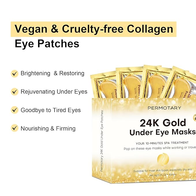 Permotary 30 Pairs Crystal Collagen Under Eye Mask, Gold Gel Collagen Eye Pad For Moisturizing, Reducing Dark Circles & Puffy Eyes (Gold)