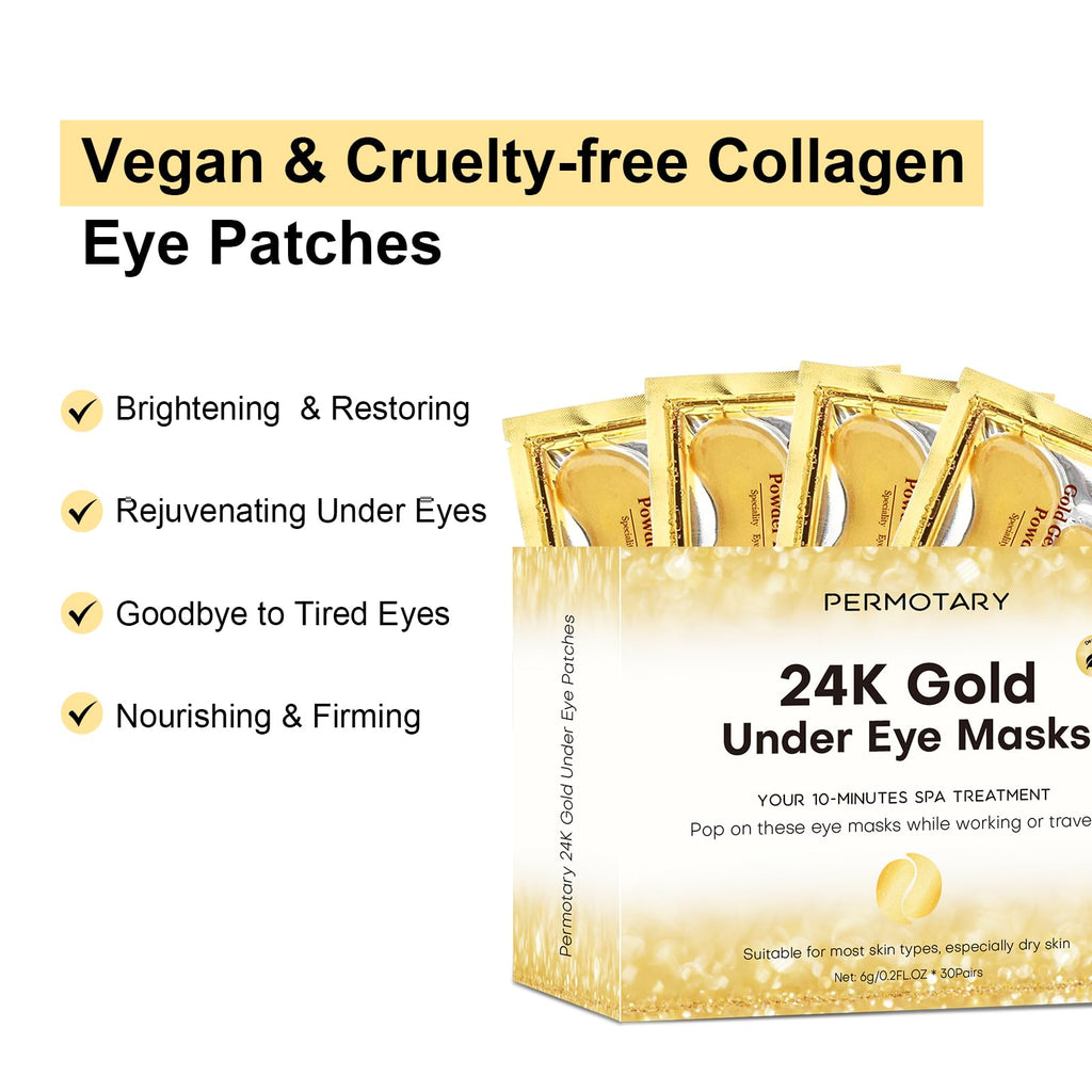 Permotary 30 Pairs Crystal Collagen Under Eye Mask, Gold Gel Collagen Eye Pad For Moisturizing, Reducing Dark Circles & Puffy Eyes (Gold)