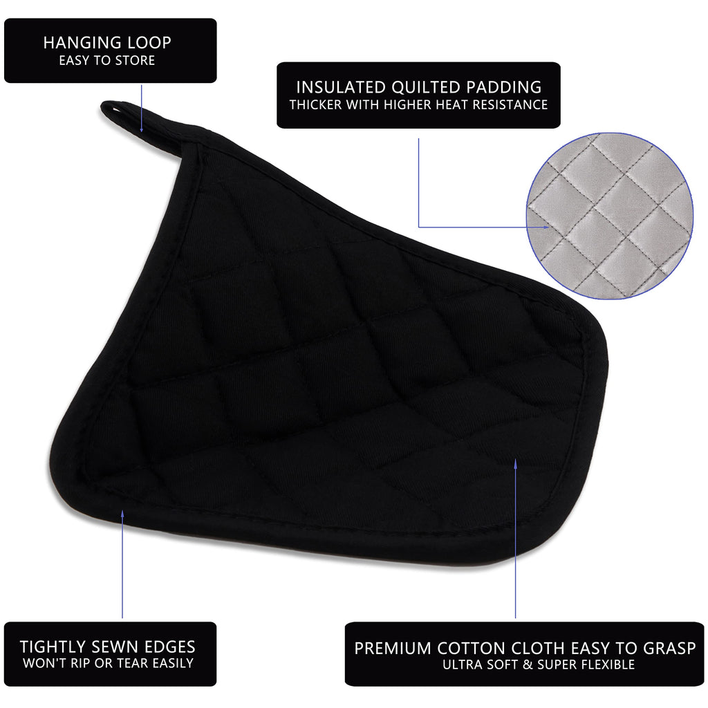 Kitchen Pot Holders Set Heat Resistant Pure Cotton Potholders Kit Trivets Large Coasters Hot Pads Terry Pot Holders for Everyday Cooking and Baking by 7 x 7 Inch Set of 6 Black