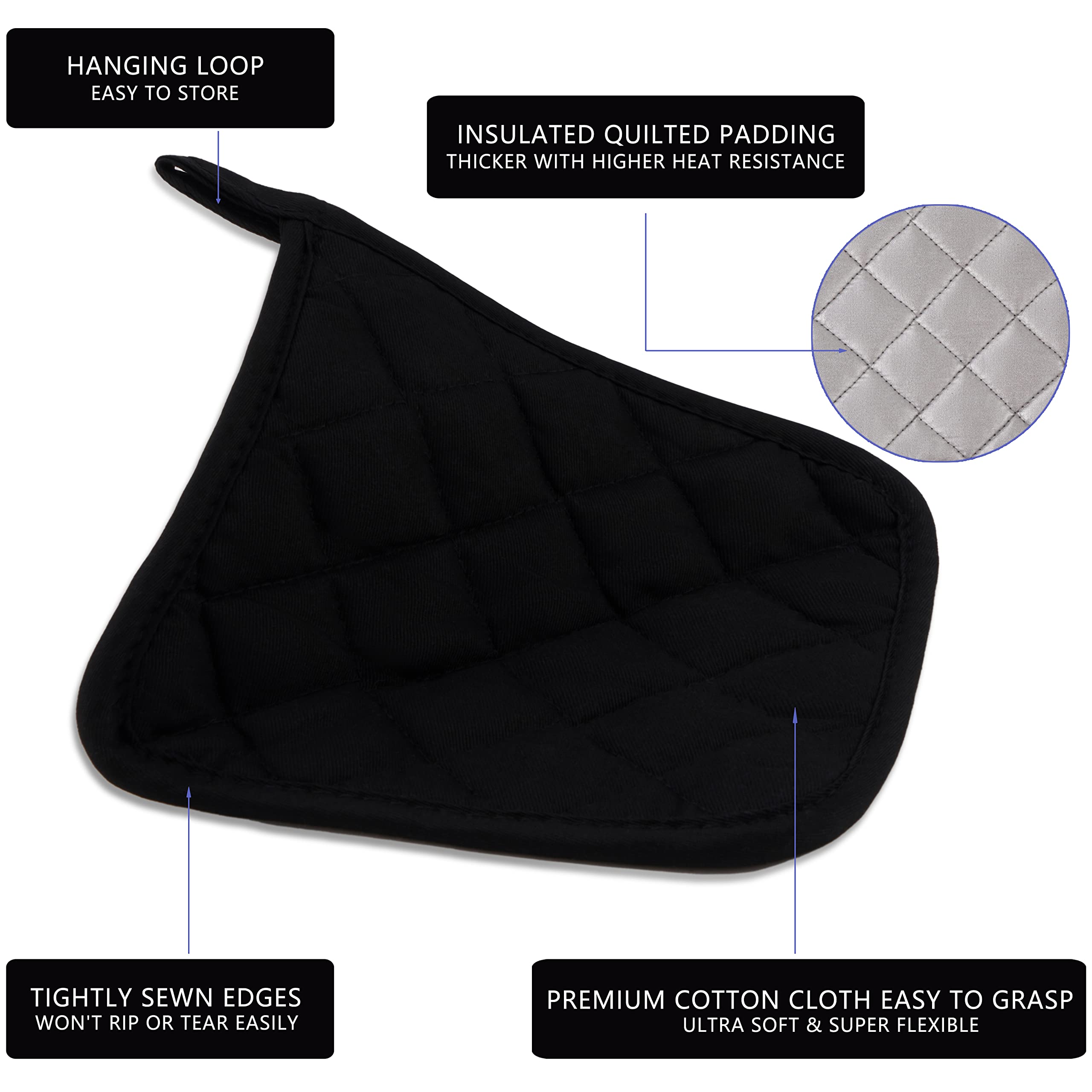 Kitchen Pot Holders Set Heat Resistant Pure Cotton Potholders Kit Trivets Large Coasters Hot Pads Terry Pot Holders for Everyday Cooking and Baking by 7 x 7 Inch Set of 6 Black