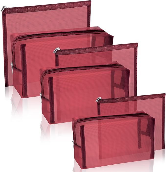 Boao 6 Pieces Mesh Makeup Bags Mesh Cosmetic Bag Portable Travel Organizing Zipper Pouch Toiletries Makeup Pouches for Home Office Travel Accessories(Wine Red)
