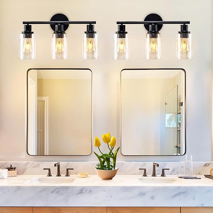 DLLT 3-Light Bathroom Light Fixtures: 18.51" Black Modern Vanity Lights with Clear Glass Shade - Bathroom Wall Lamp for Mirror Kitchen Living Room Hallway Cabinet Porch
