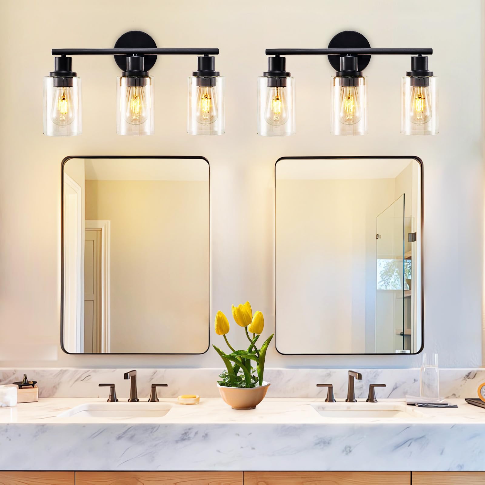 DLLT 3-Light Bathroom Light Fixtures: Set of 2 Black Modern Vanity Lights with Clear Glass Shade - 18.51" Bathroom Wall Lamp for Mirror Kitchen Living Room