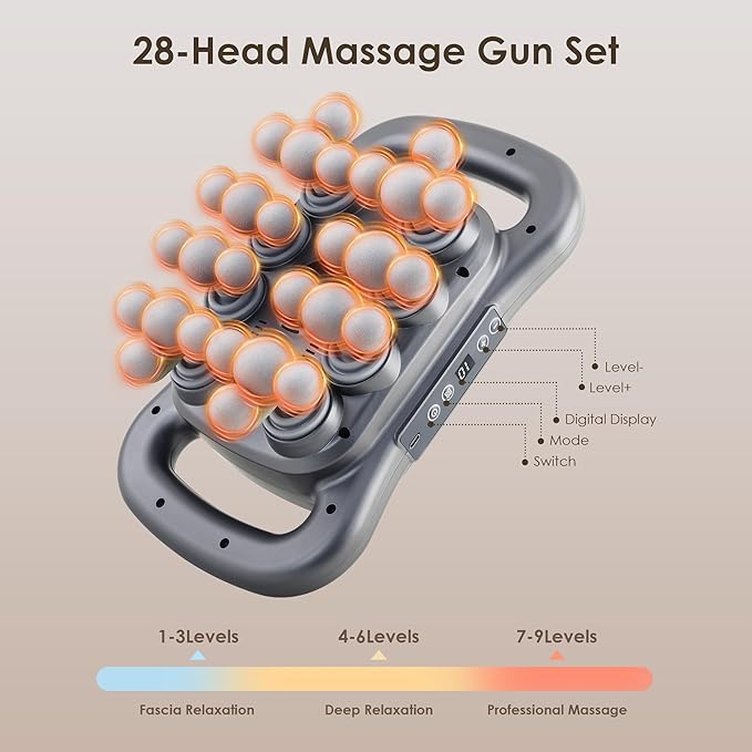 GAXEZO 28 Head Massage Gun Set, Deep Tissue Percussion Massager, Electric Massage Tools with 9 Styles & Levels, Dark Grey